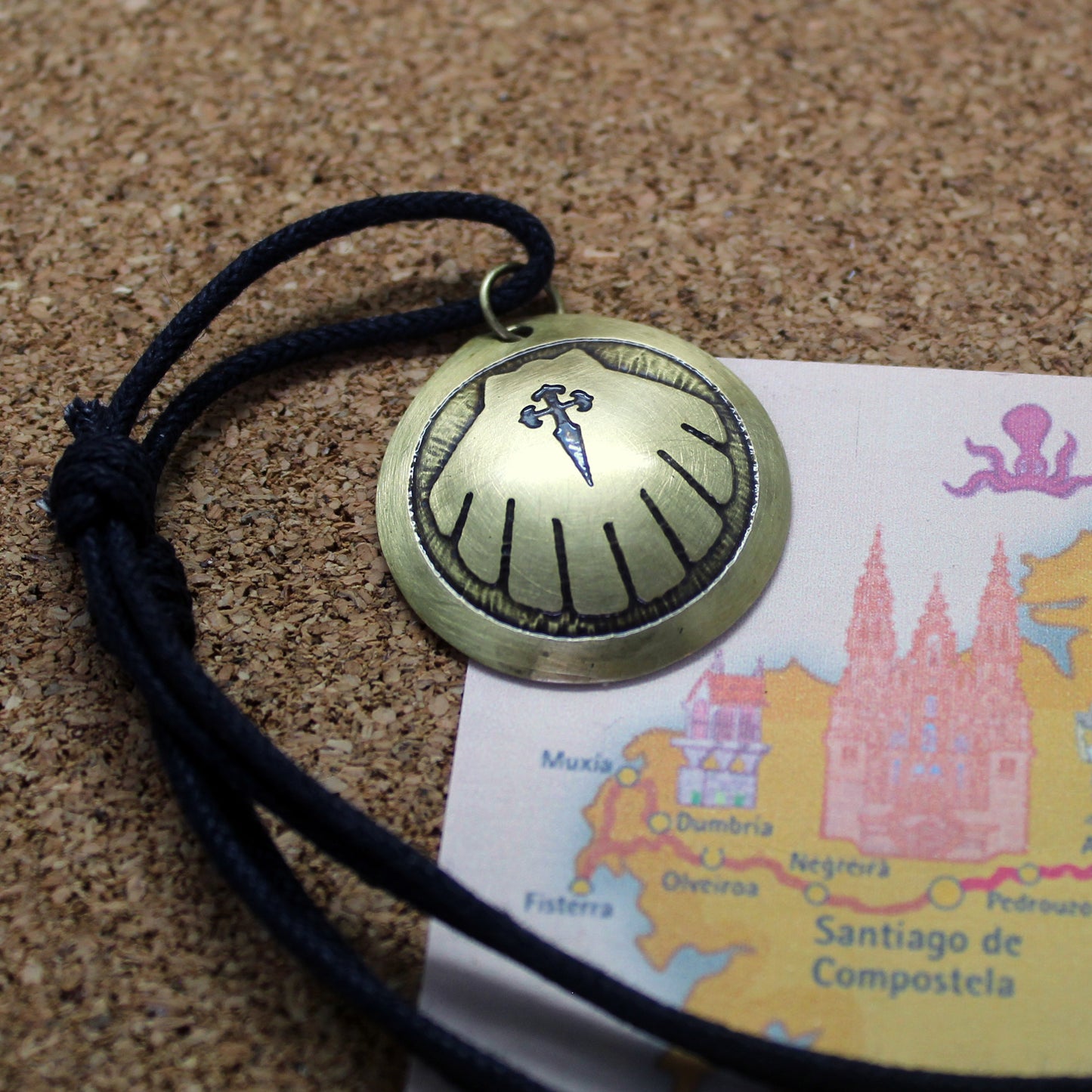 Engraved Camino de Santiago shell, brass pendant