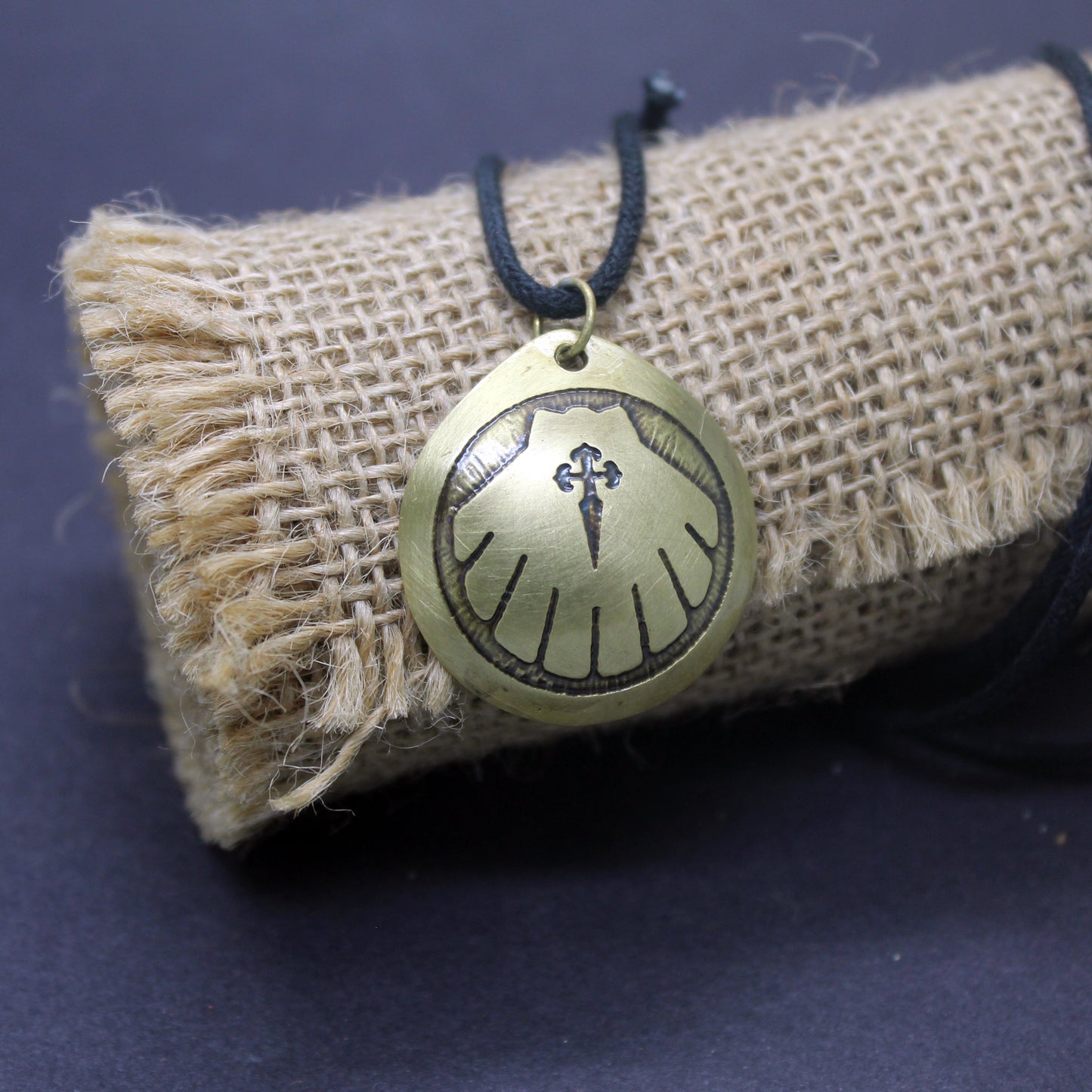 Engraved Camino de Santiago shell, brass pendant