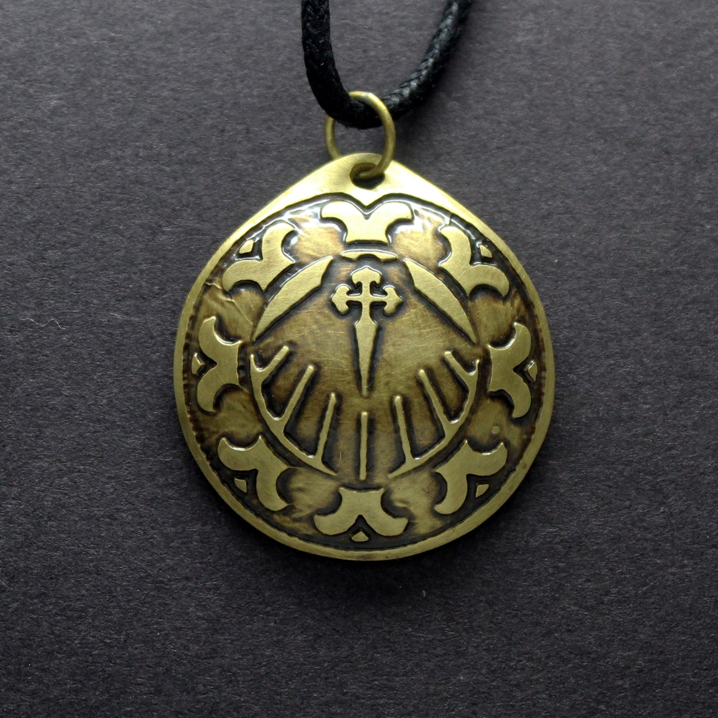 Convex Brass Pendant with Shell and Engraved Cross for the Camino de Santiago