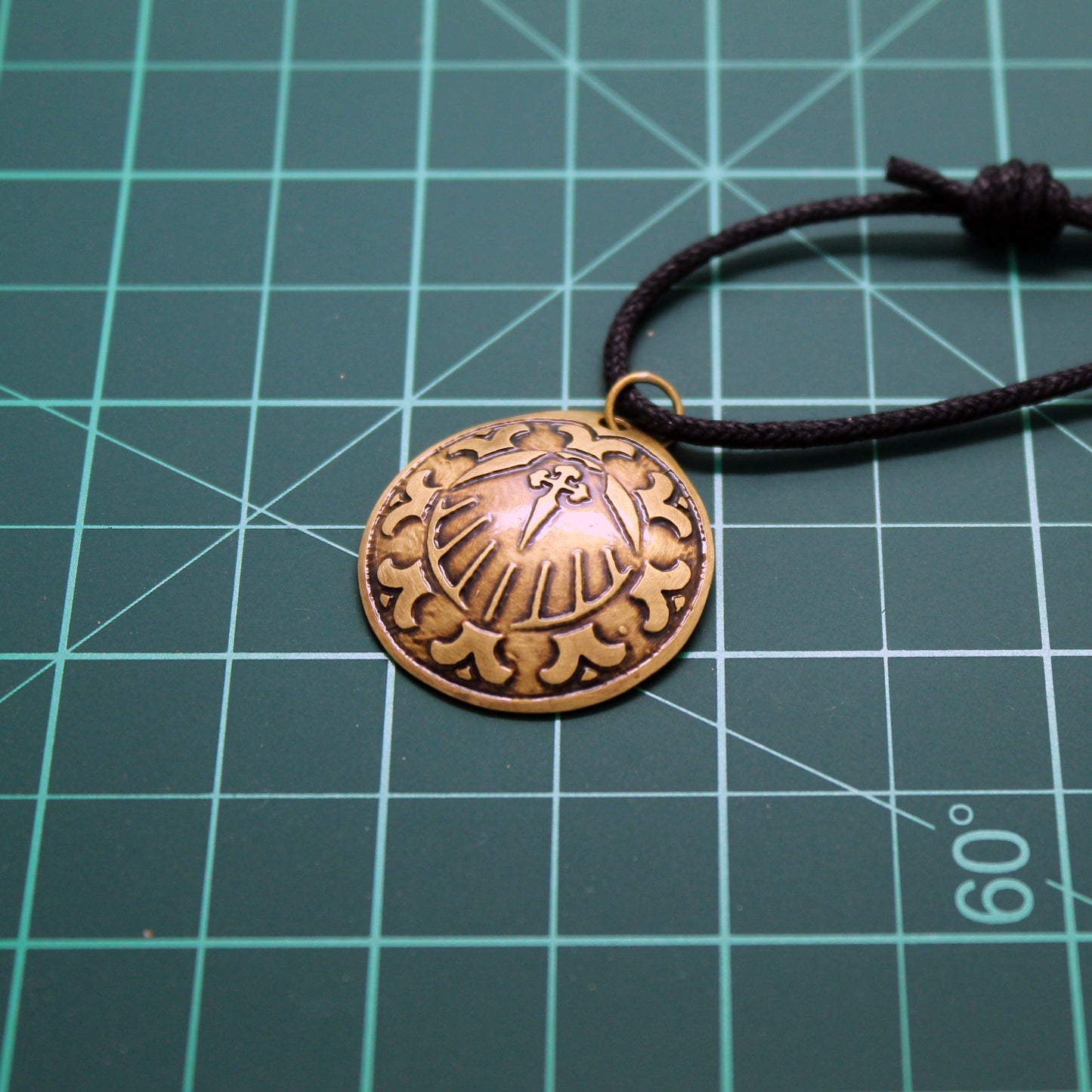 Convex Brass Pendant with Shell and Engraved Cross for the Camino de Santiago