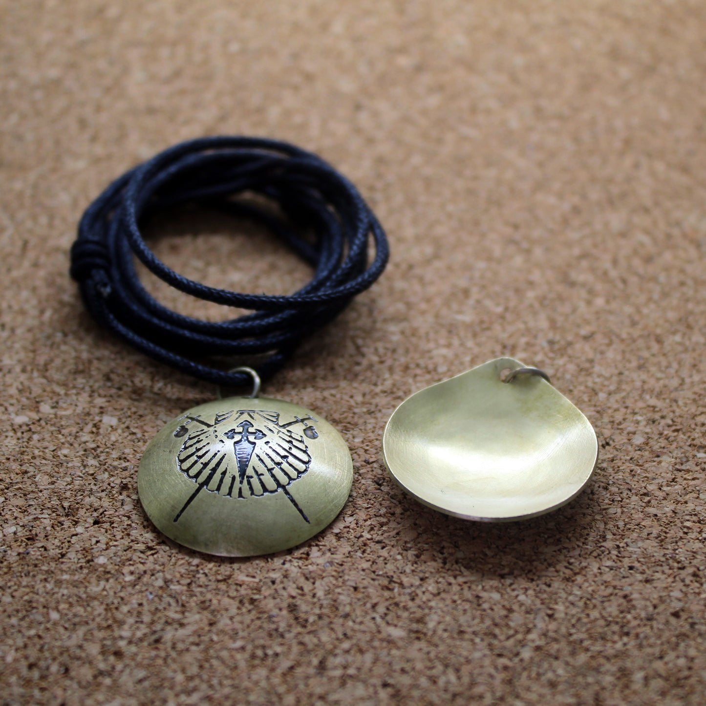Symbols of the Camino de Santiago, convex brass pendant