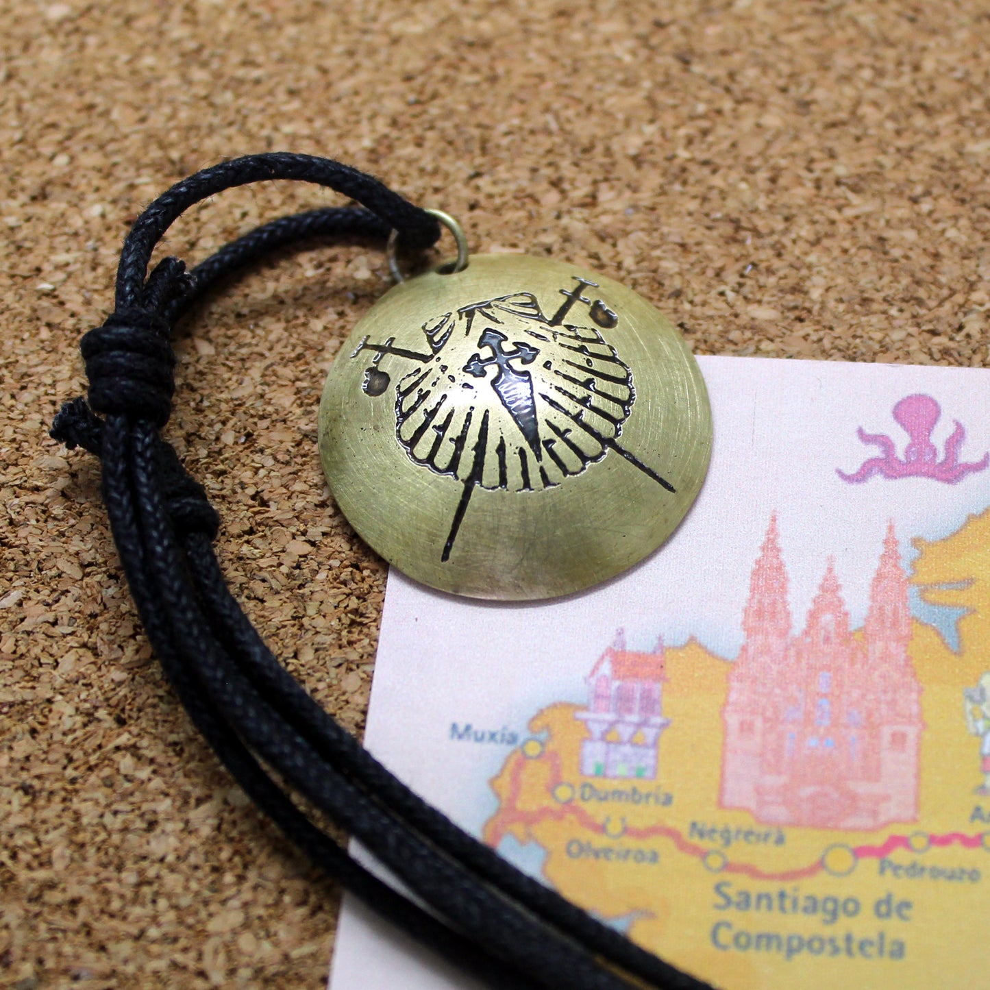 Symbols of the Camino de Santiago, convex brass pendant