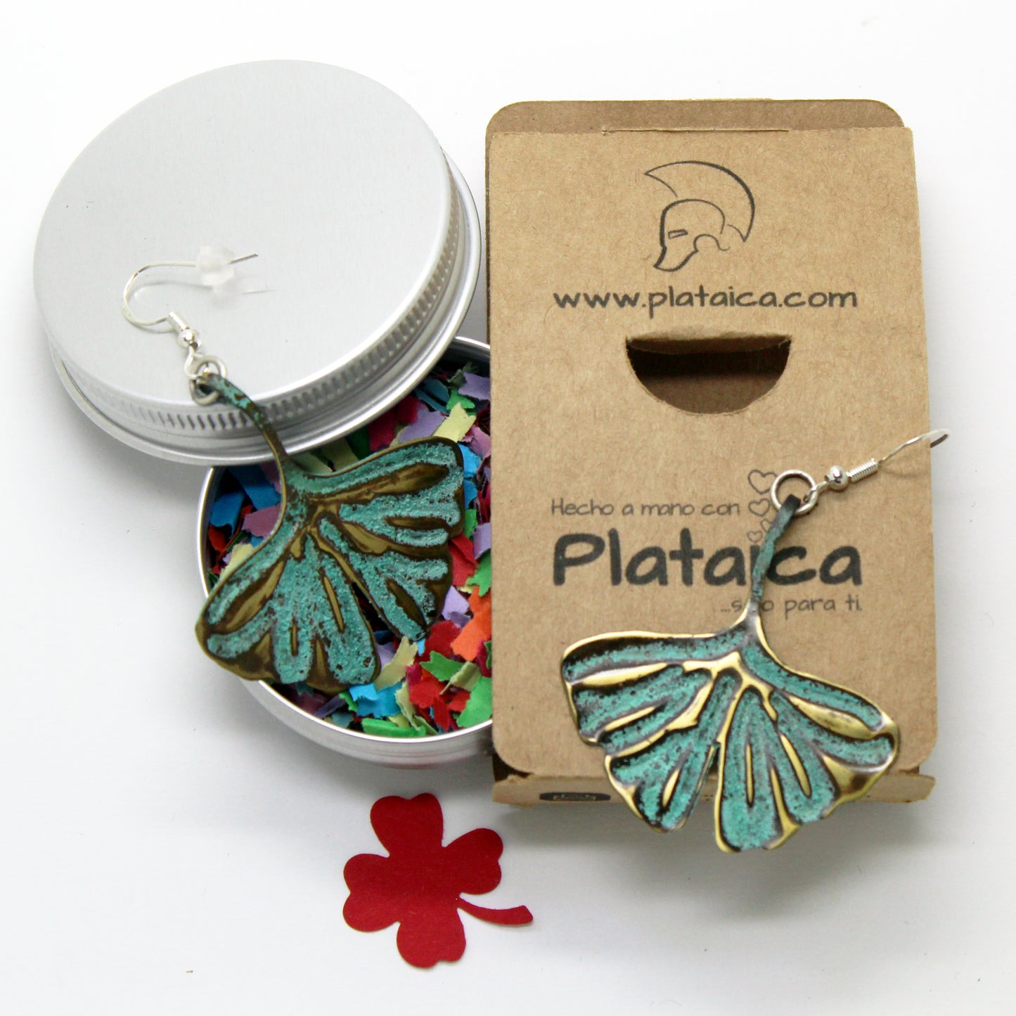 Pendientes hoja de Ginkgo Biloba en latón y plata 925