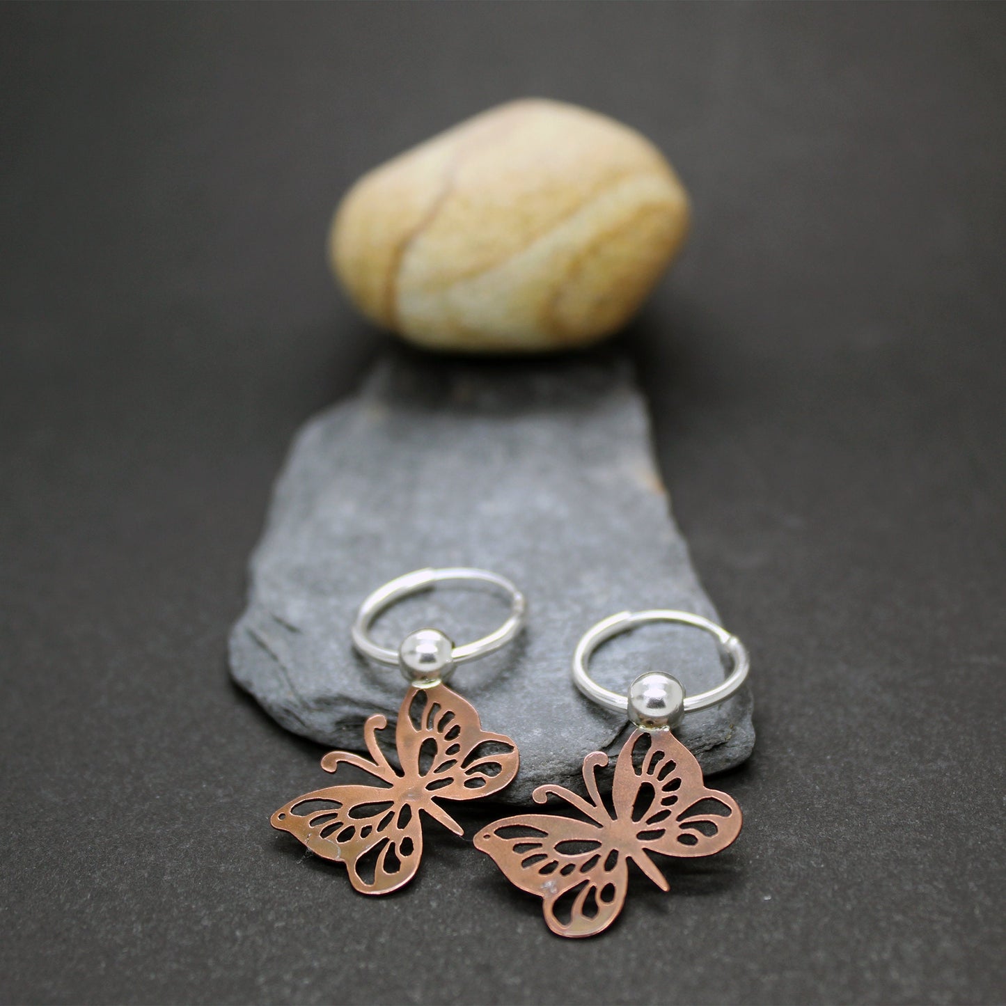 925 silver and aged copper butterfly earrings