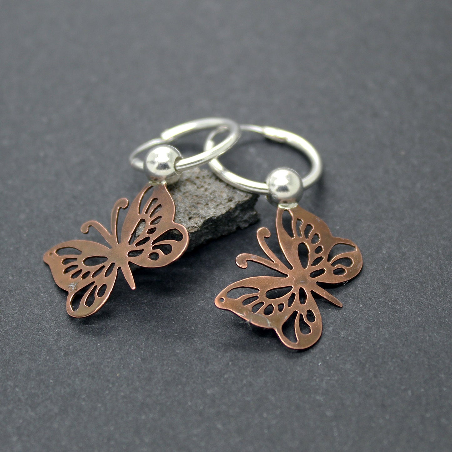 925 silver and aged copper butterfly earrings