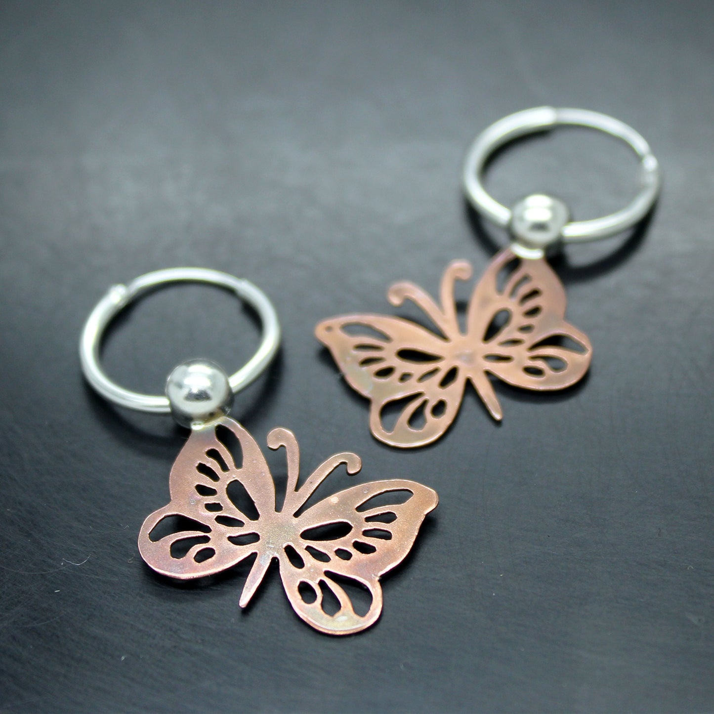 925 silver and aged copper butterfly earrings