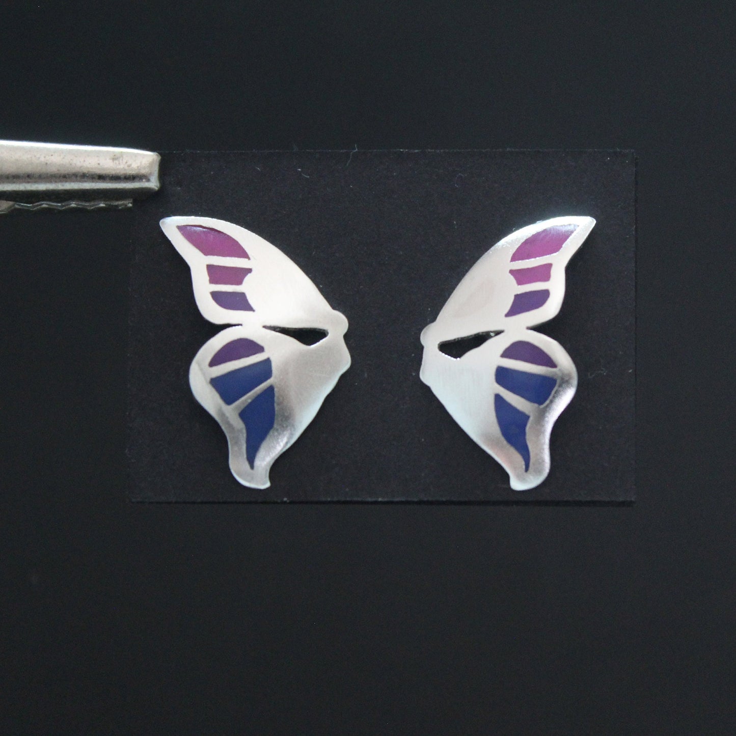 Mariposa morada y azul pendientes en plata 925
