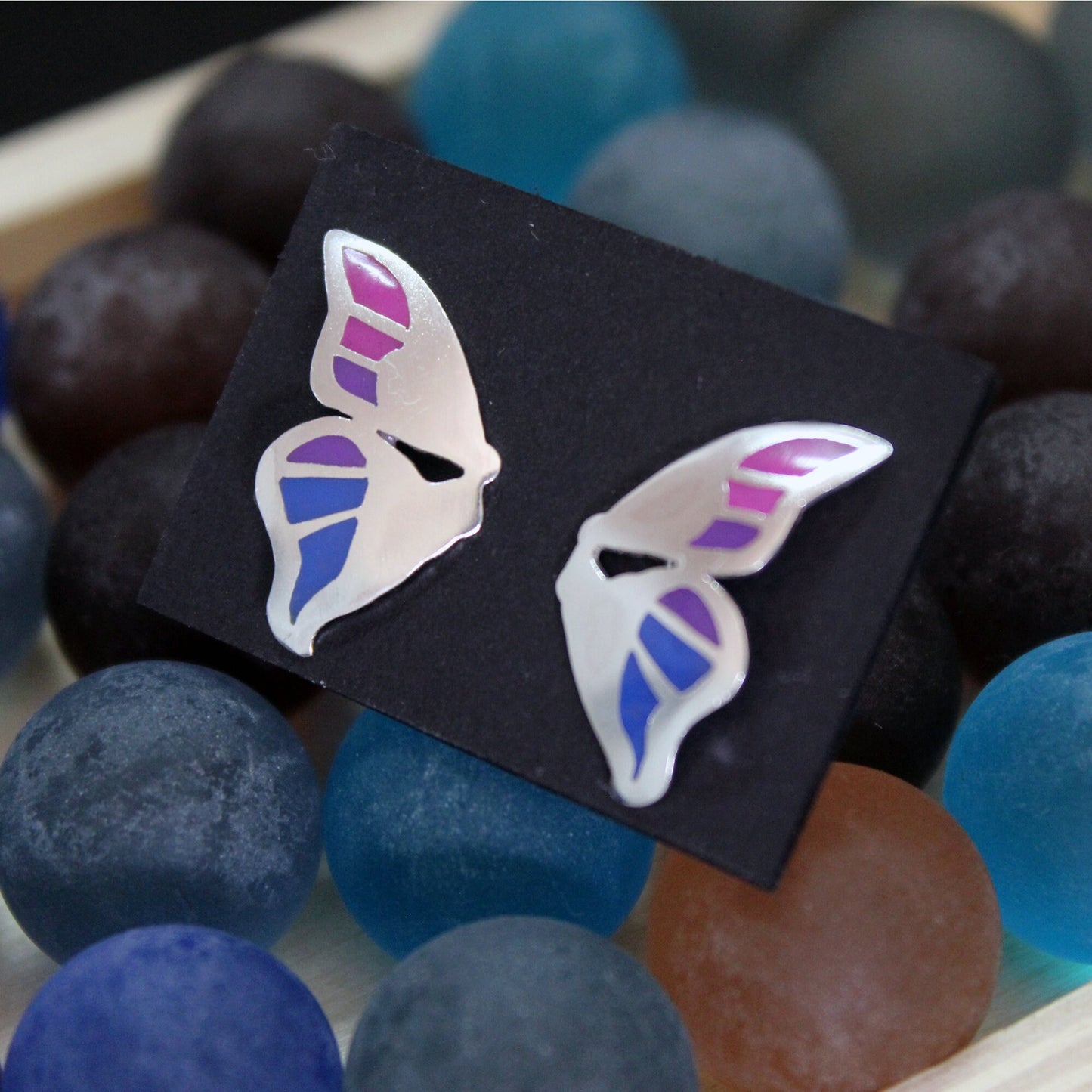 Mariposa morada y azul pendientes en plata 925