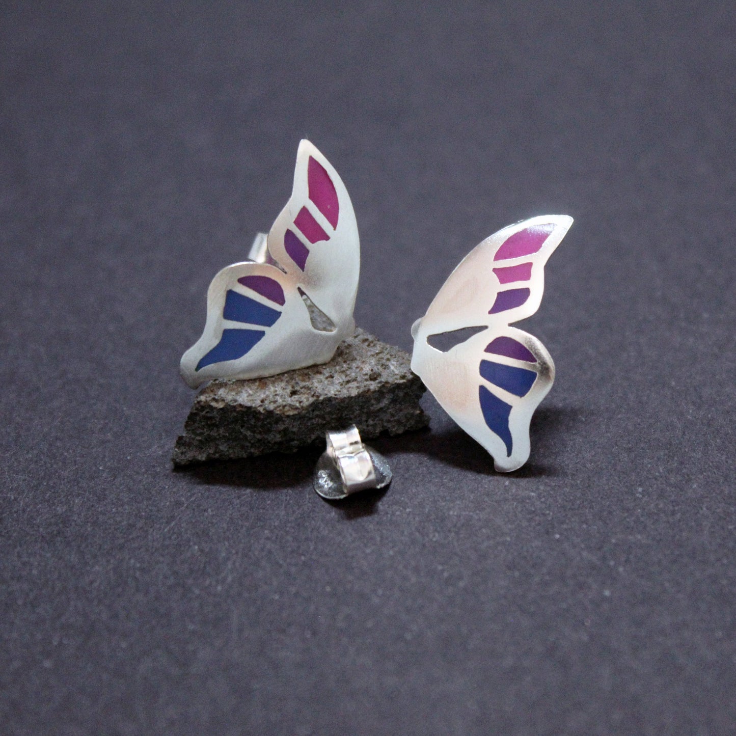 Mariposa morada y azul pendientes en plata 925