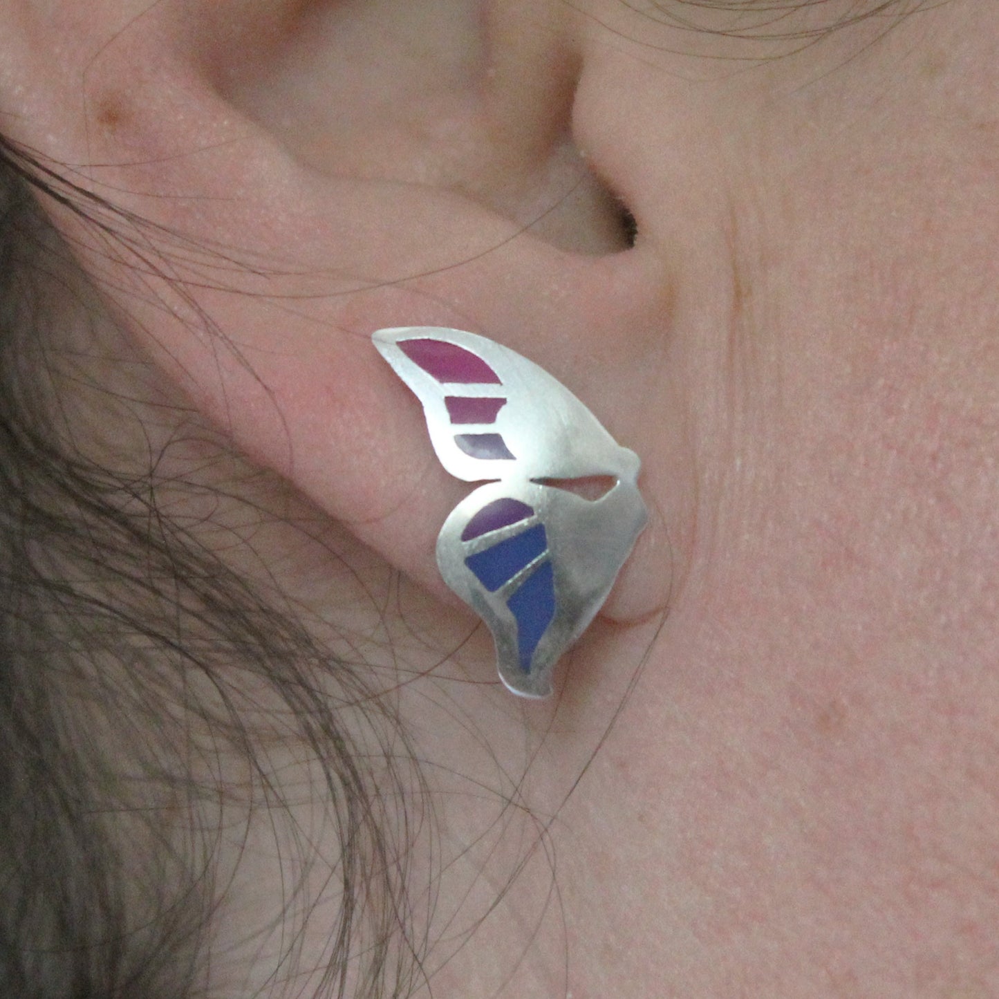 Mariposa morada y azul pendientes en plata 925