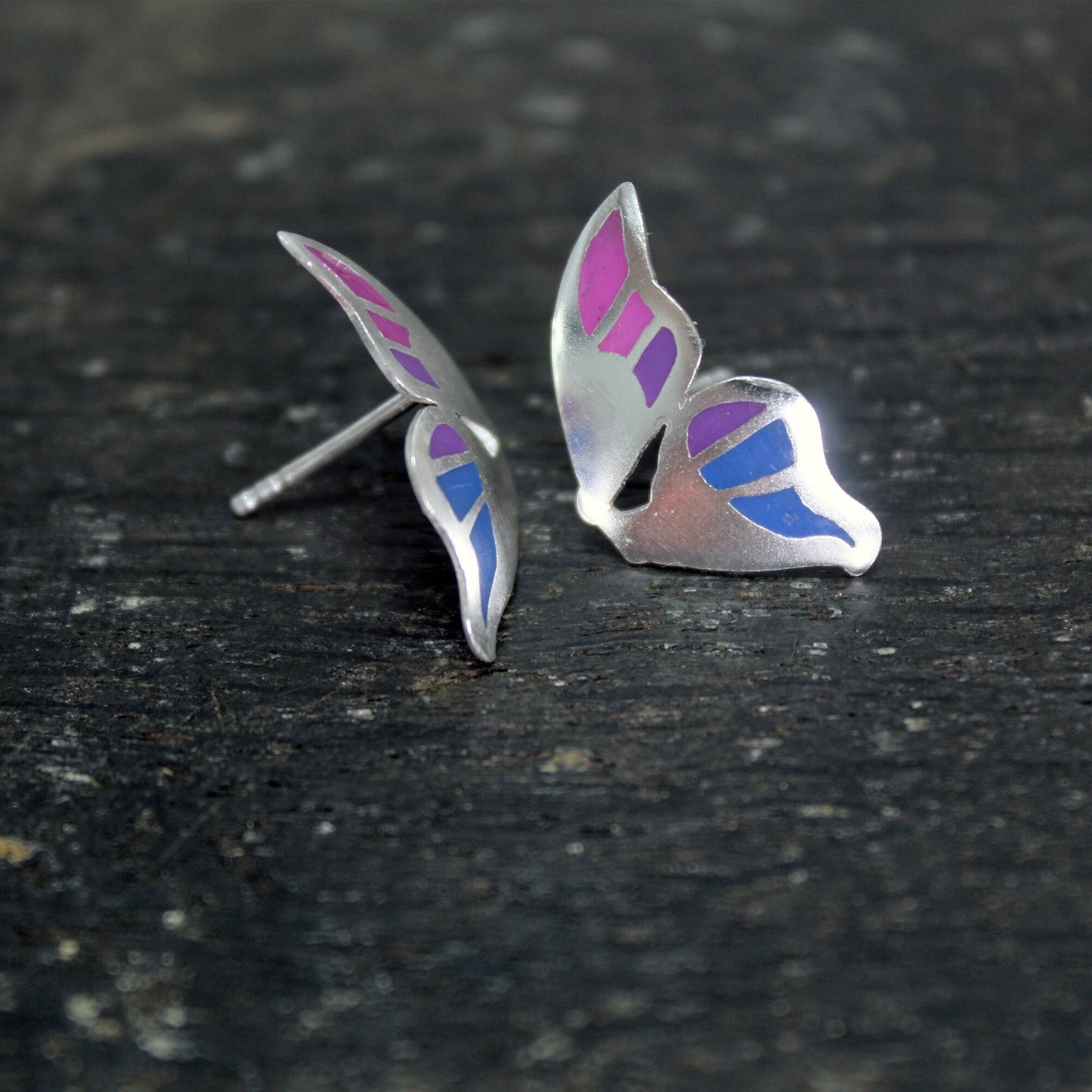Mariposa morada y azul pendientes en plata 925