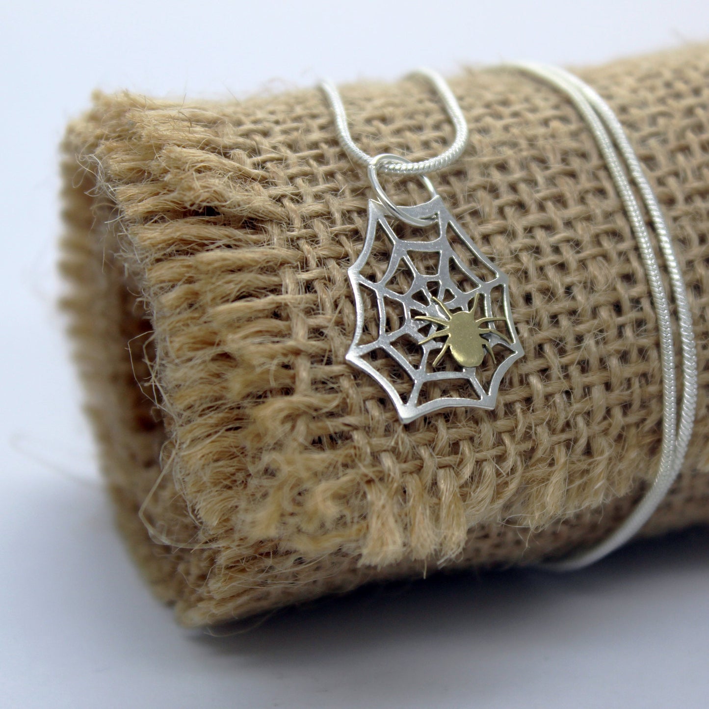 925 silver spider web pendant with brass spider
