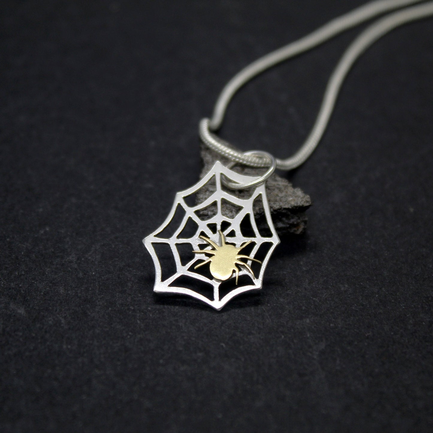 925 silver spider web pendant with brass spider