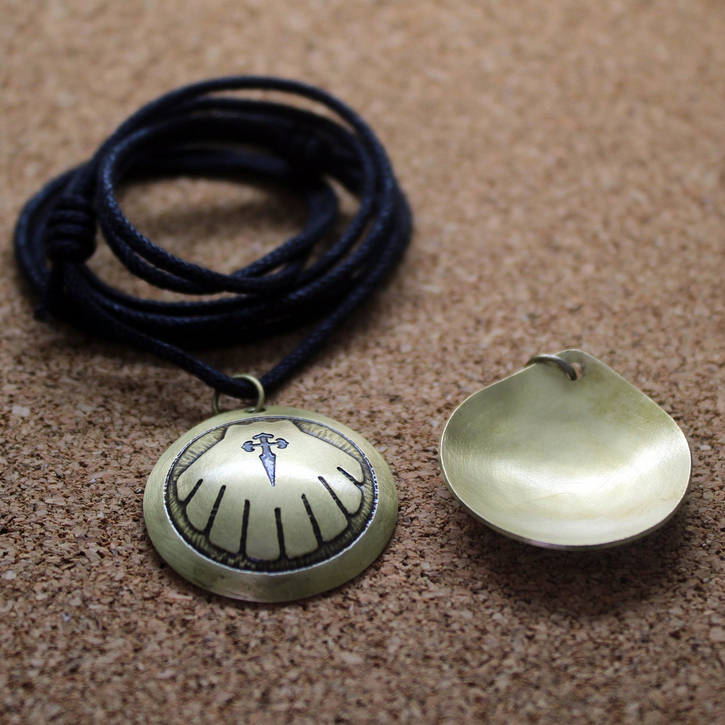 Engraved Camino de Santiago shell, brass pendant