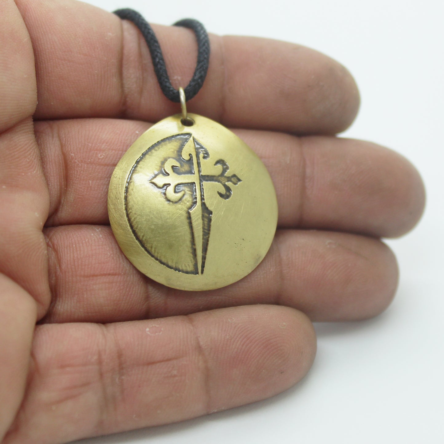 Cross of Santiago, convex brass pendant