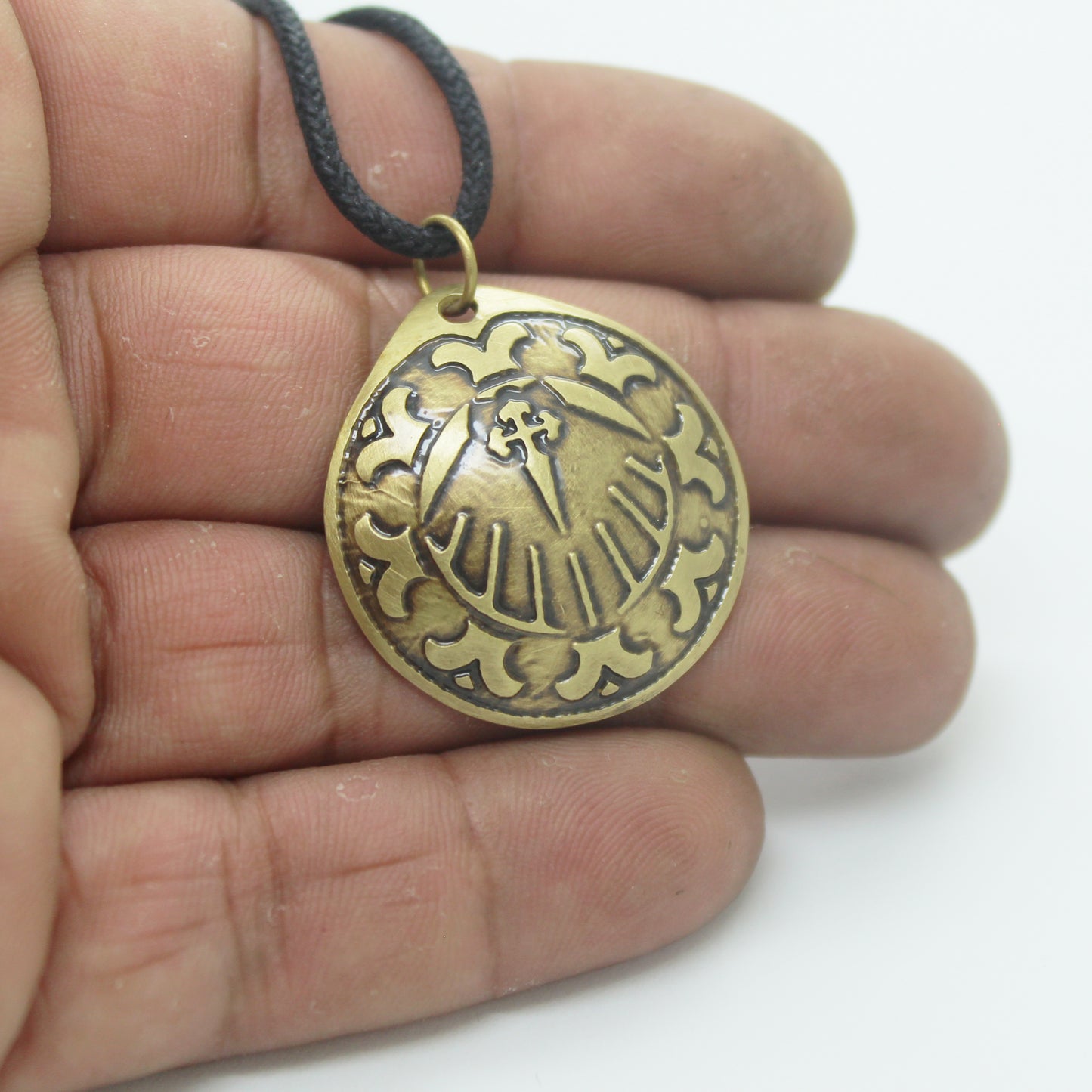Convex Brass Pendant with Shell and Engraved Cross for the Camino de Santiago
