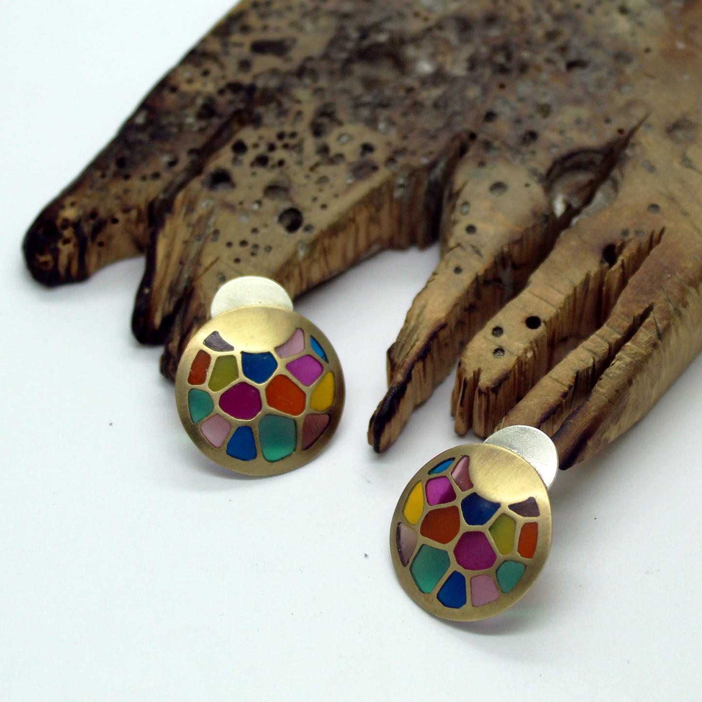 Pendientes vidriera multicolor en plata 925 y latón