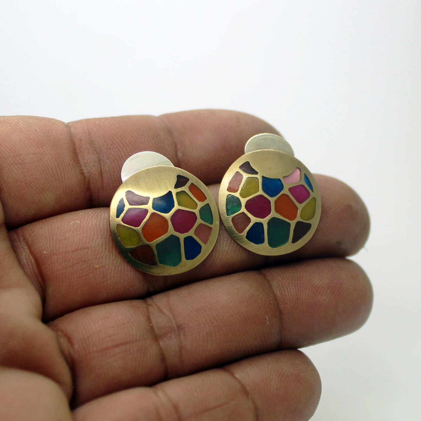 Pendientes vidriera multicolor en plata 925 y latón