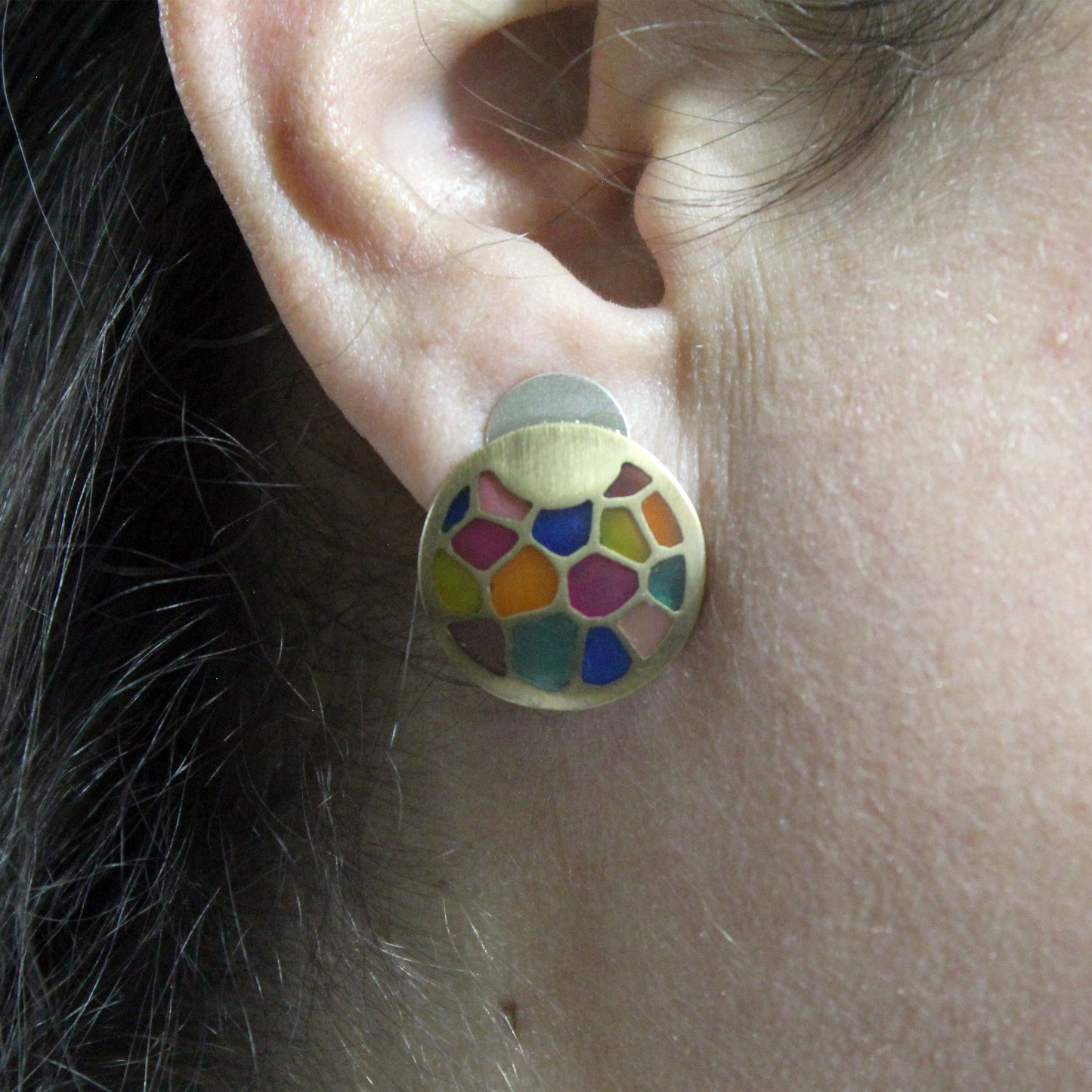 Pendientes vidriera multicolor en plata 925 y latón