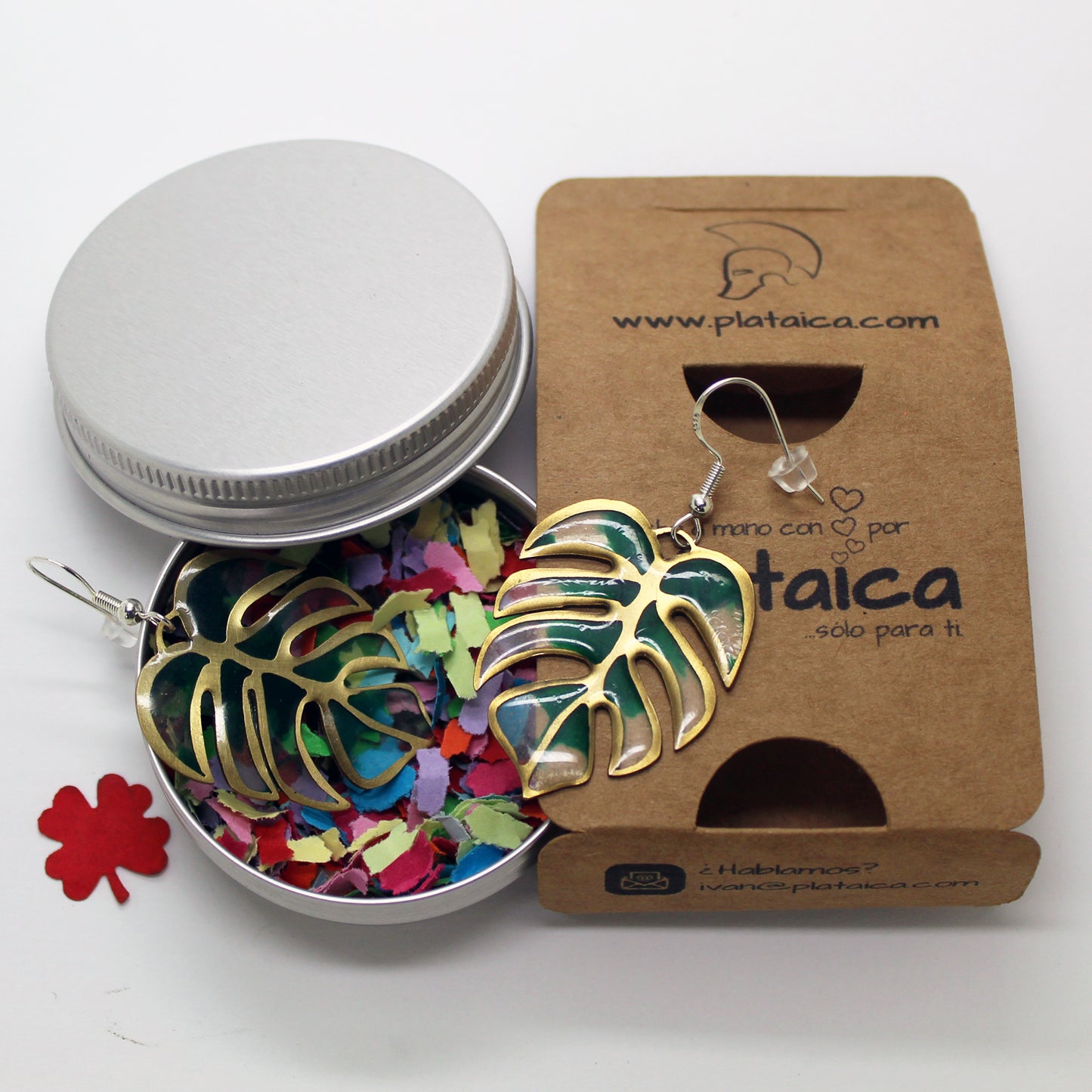 Pendientes hojas de monstera de latón y plata 925 con resina UV transparente