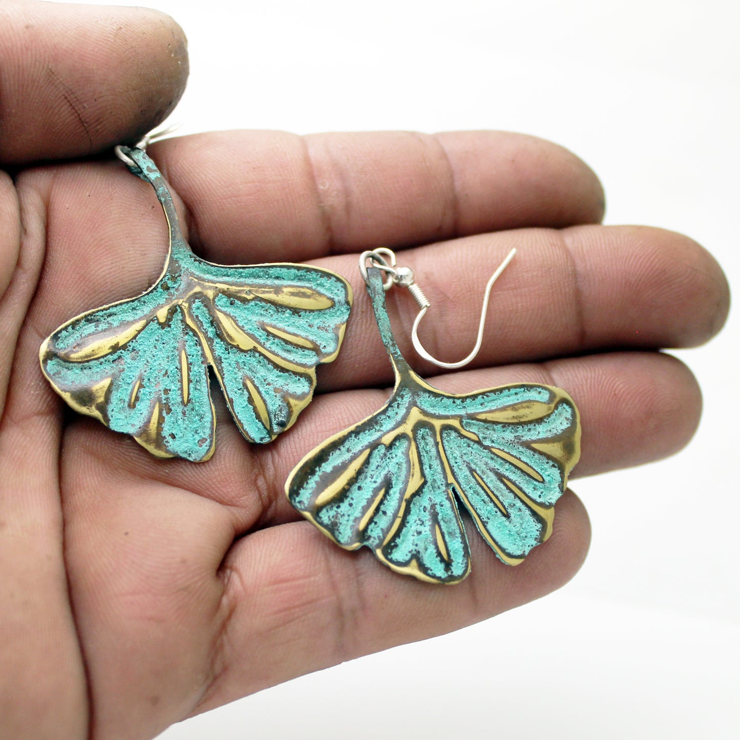 Pendientes hoja de Ginkgo Biloba en latón y plata 925