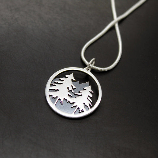 925 silver mountain and pine tree pendant