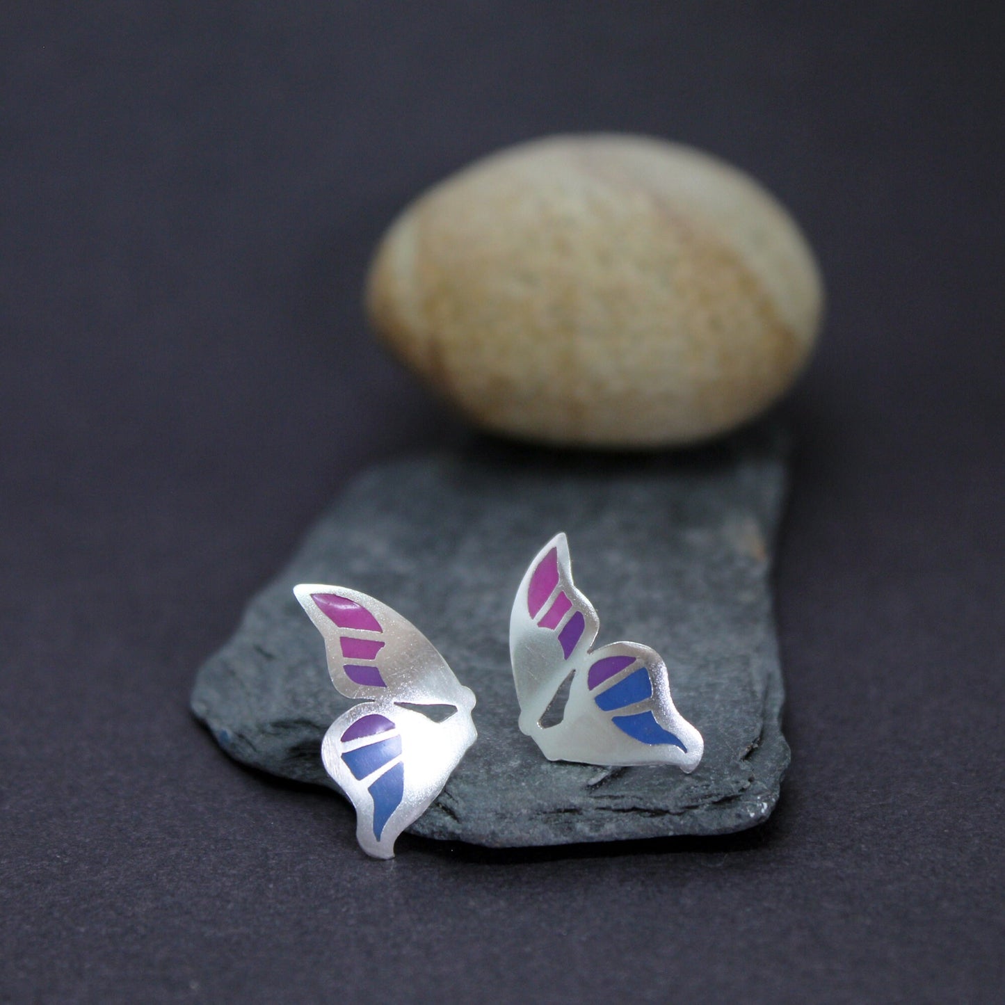 Mariposa morada y azul pendientes en plata 925