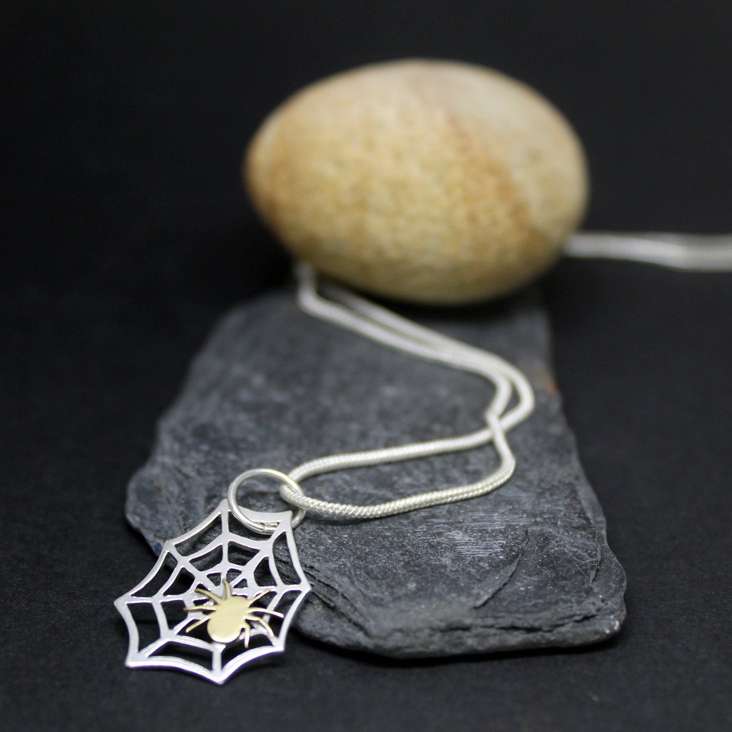 925 silver spider web pendant with brass spider